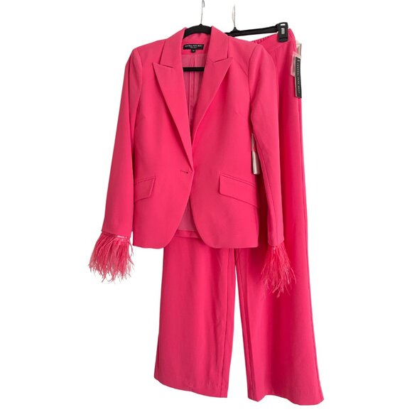 NWT Central Park West Daisy Marabou Pink Blazer Suit Pants XS Fringe‎ Barbie - Picture 2 of 14